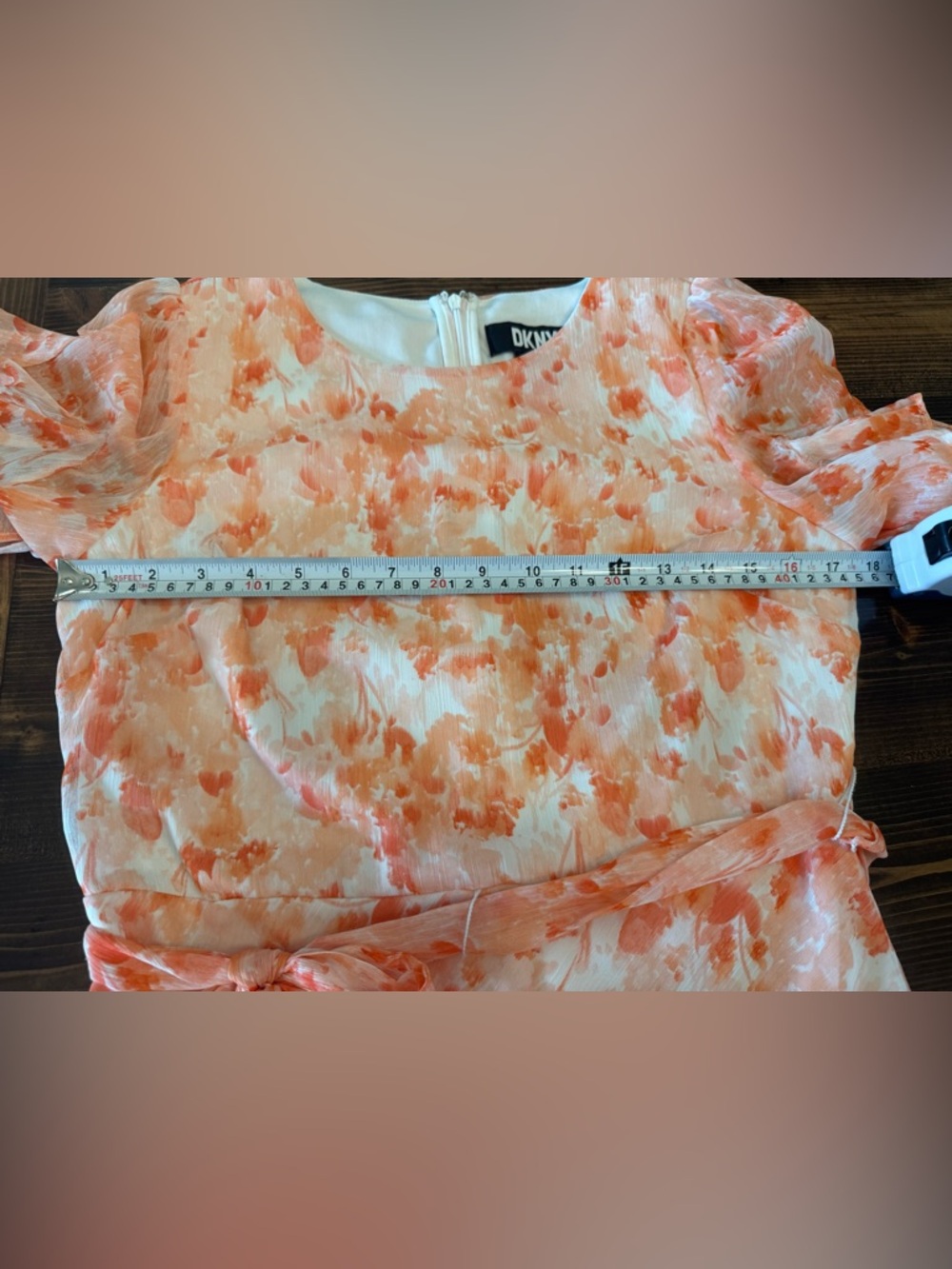 DKNY Coral Floral Chiffon Flutter Sleeve Midi Dress with Tie Waist Size 8 - Picture 8 of 9